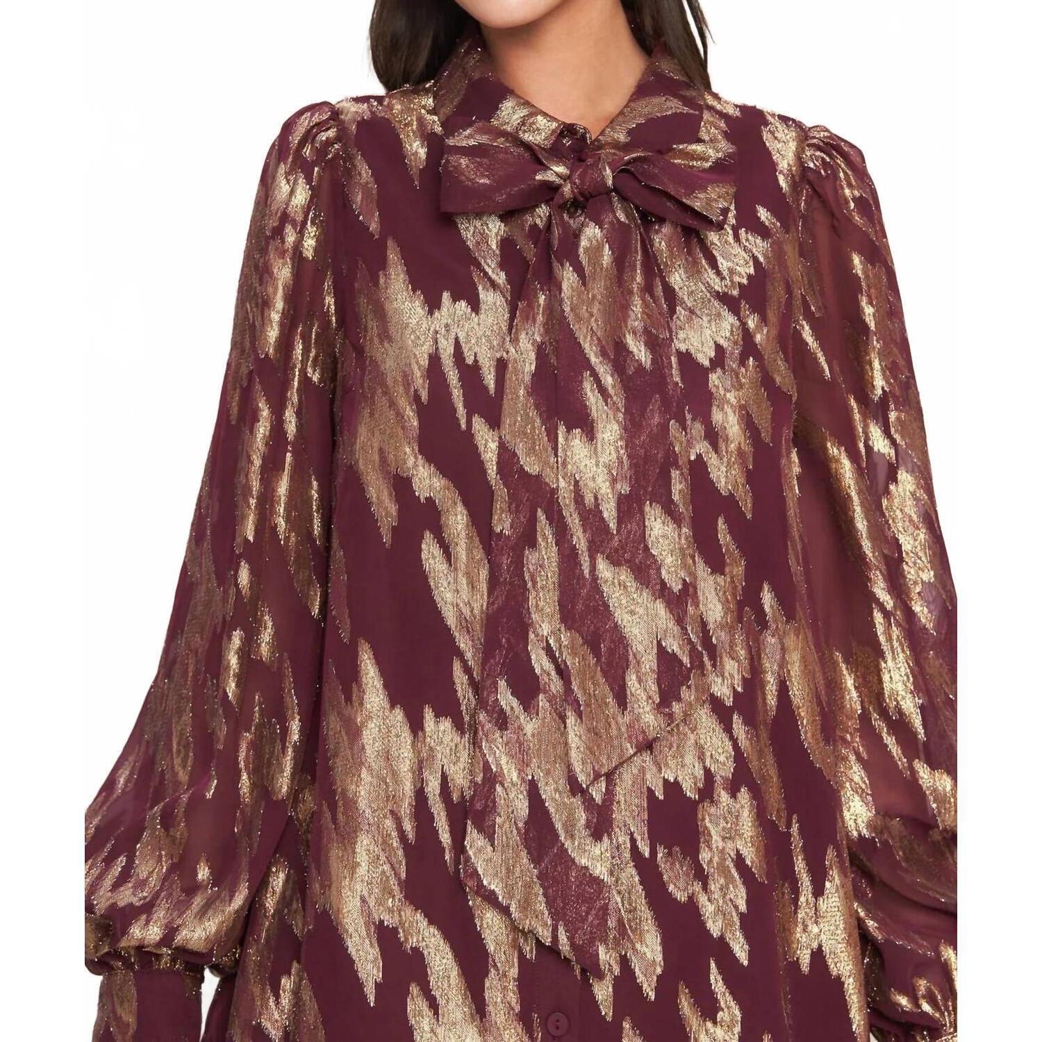 New Flying Tomato Muse Metallic Print Long Sleeve Collared Mini Dress In Burgund — image 5 of 8